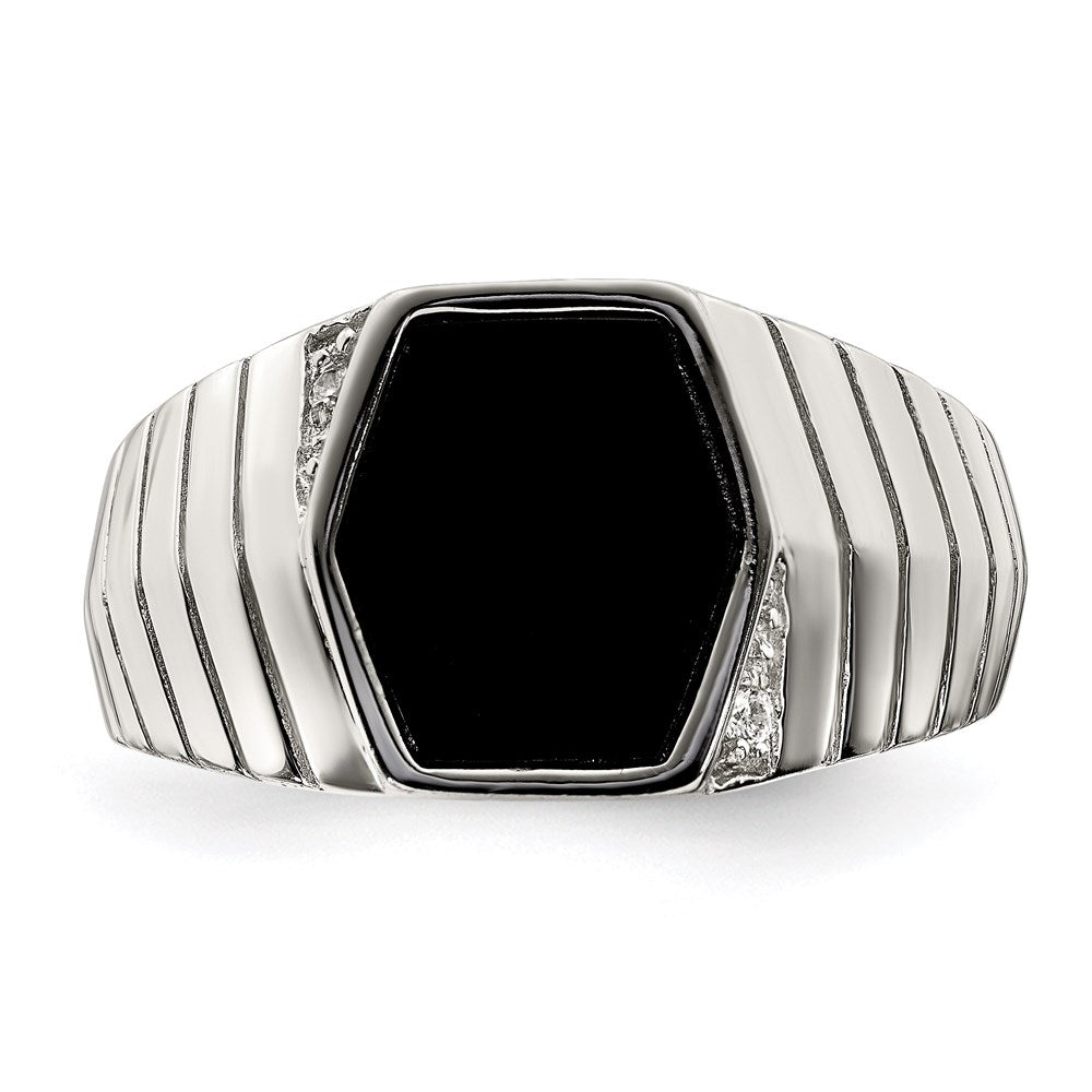 Sterling Silver Rhodium-plated Men's CZ & Onyx Ring