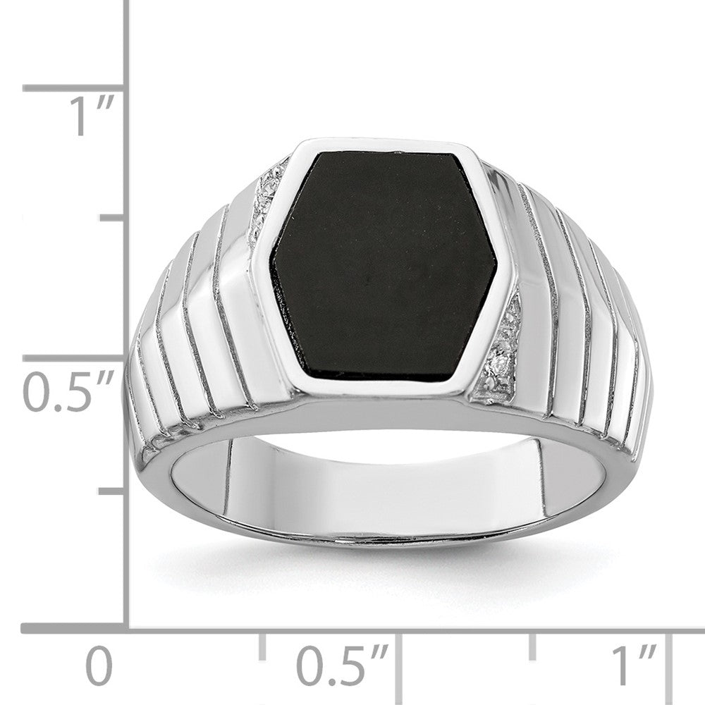 Sterling Silver Rhodium-plated Men's CZ & Onyx Ring