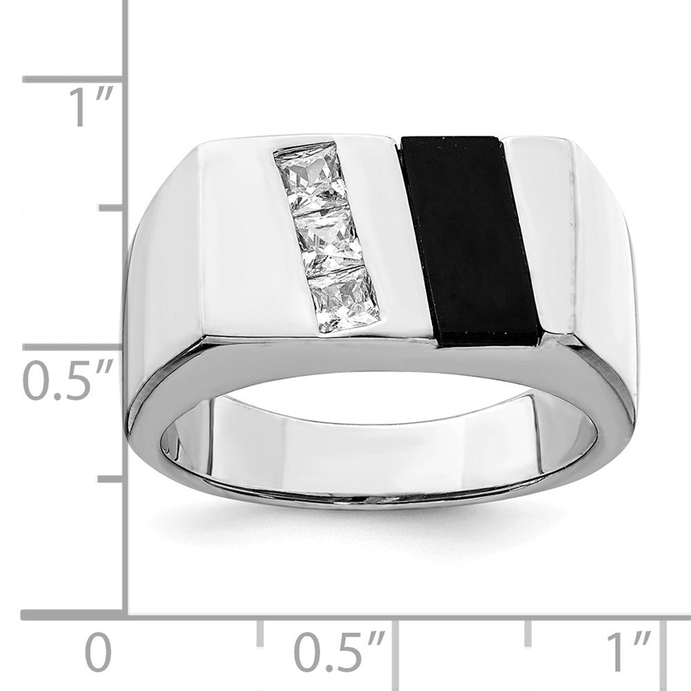 Sterling Silver Rhodium-plated Men's CZ and Onyx Ring