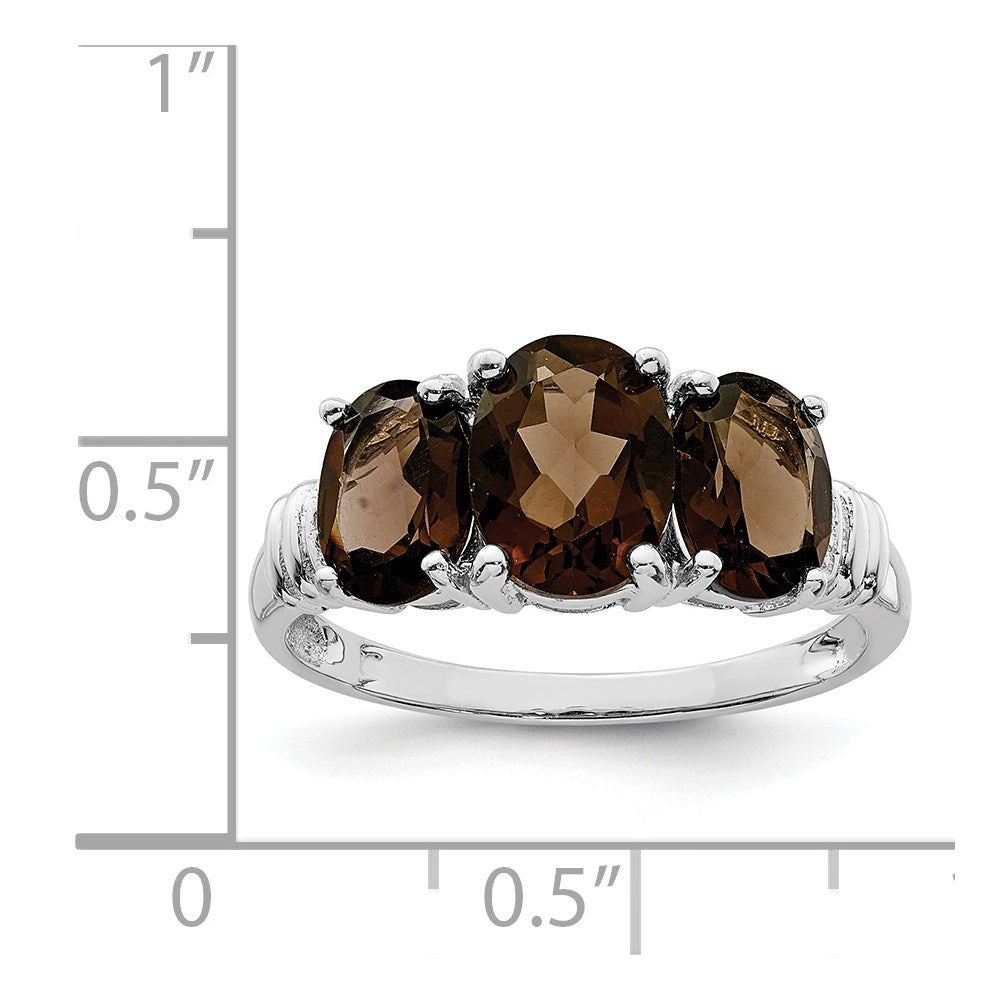 Sterling Silver Rhodium 3 Stone Smoky Quartz & Diamond Ring