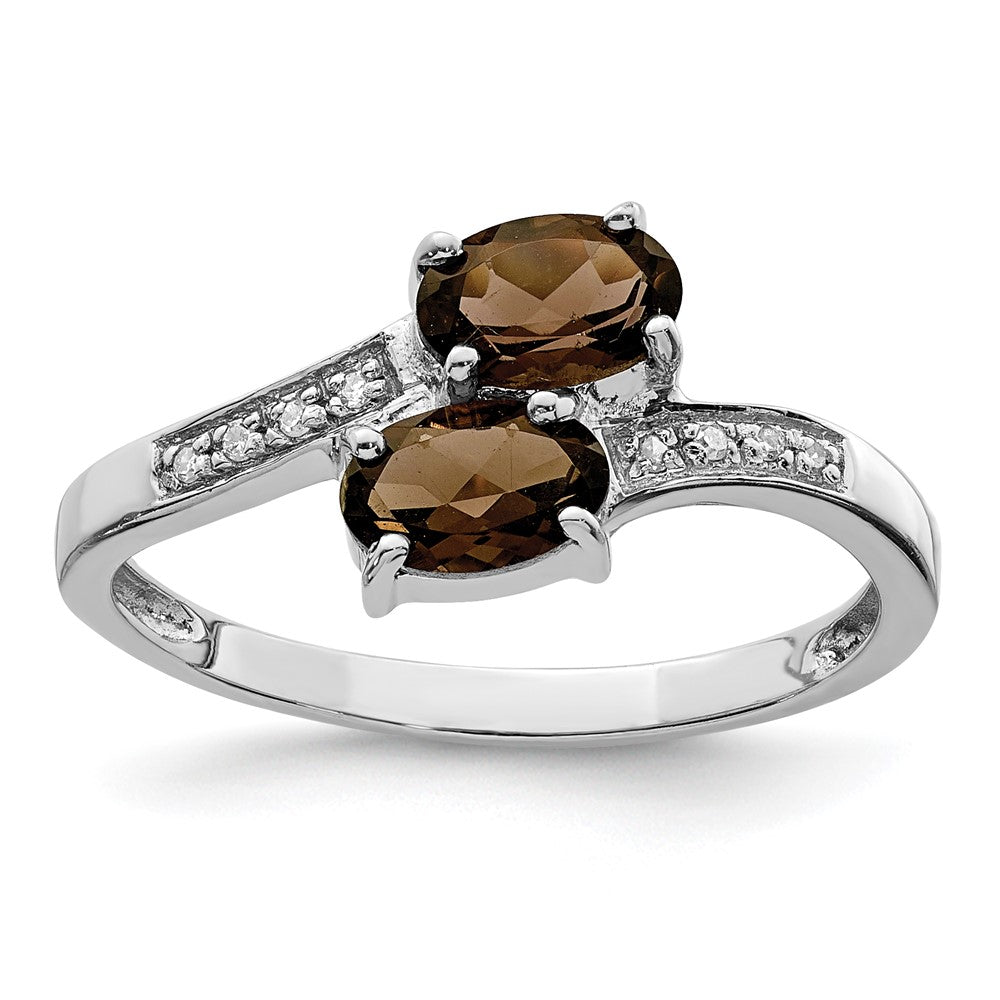 Sterling Silver Rhodium 2 Oval Smoky Quartz & Diamond Ring