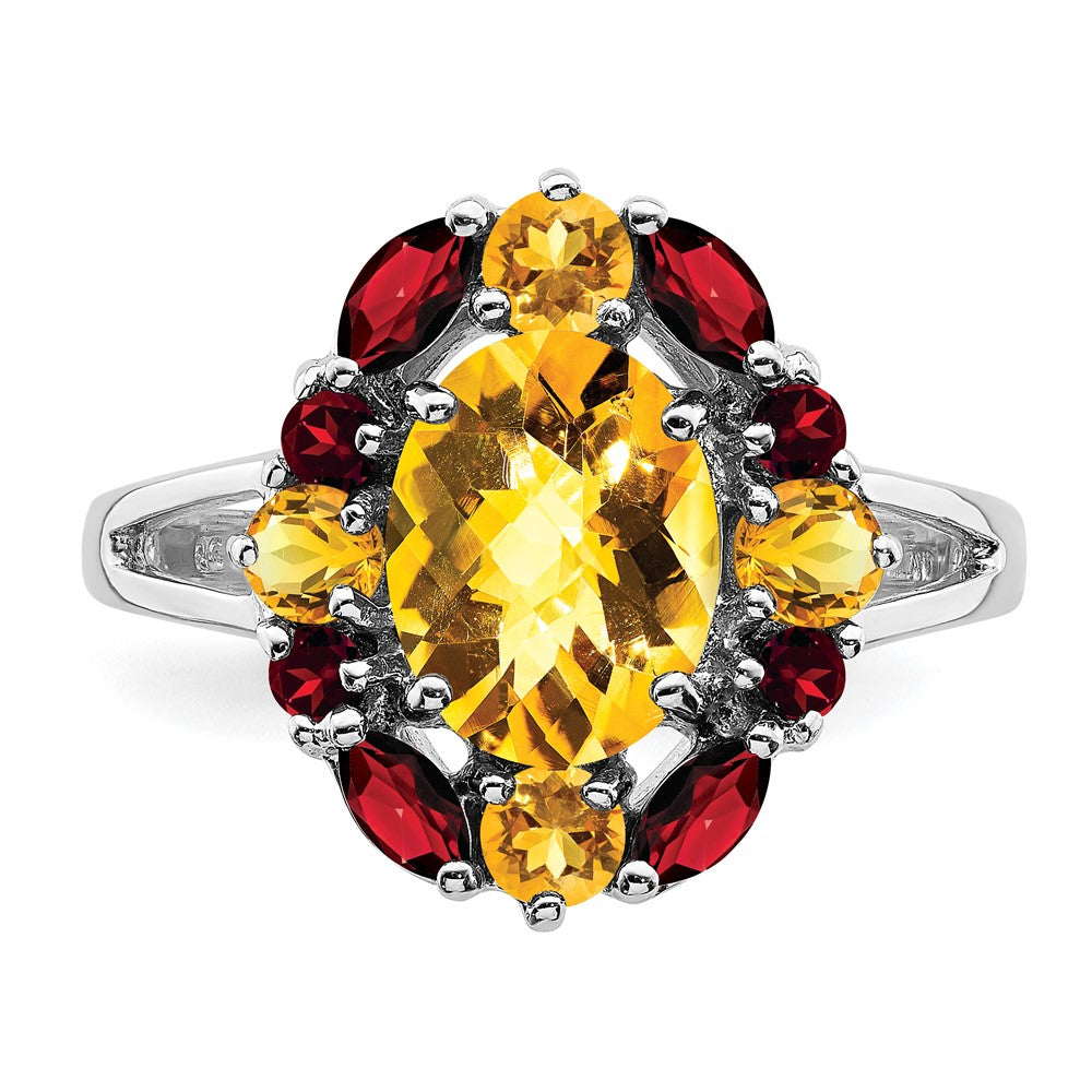 Sterling Silver Rhodium Citrine & Garnet Ring