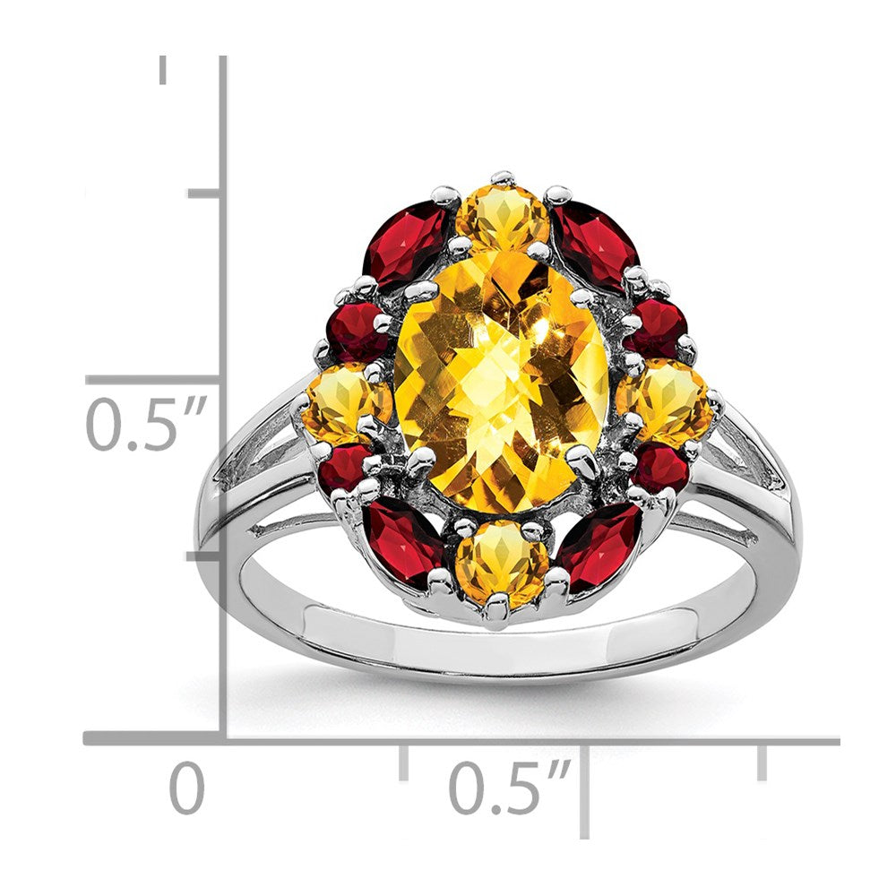 Sterling Silver Rhodium Citrine & Garnet Ring