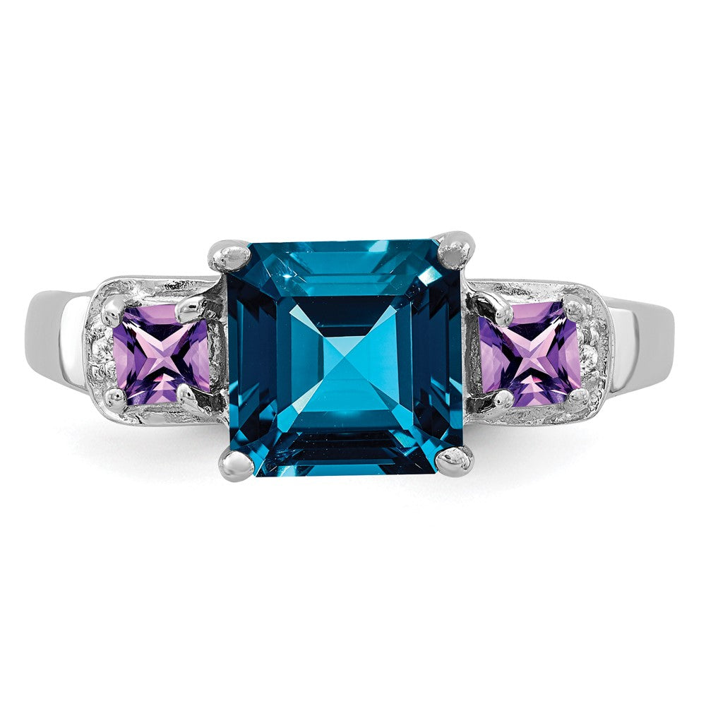 Sterling Silver Rhodium London Blue Topaz, Amethyst & Diam. Ring