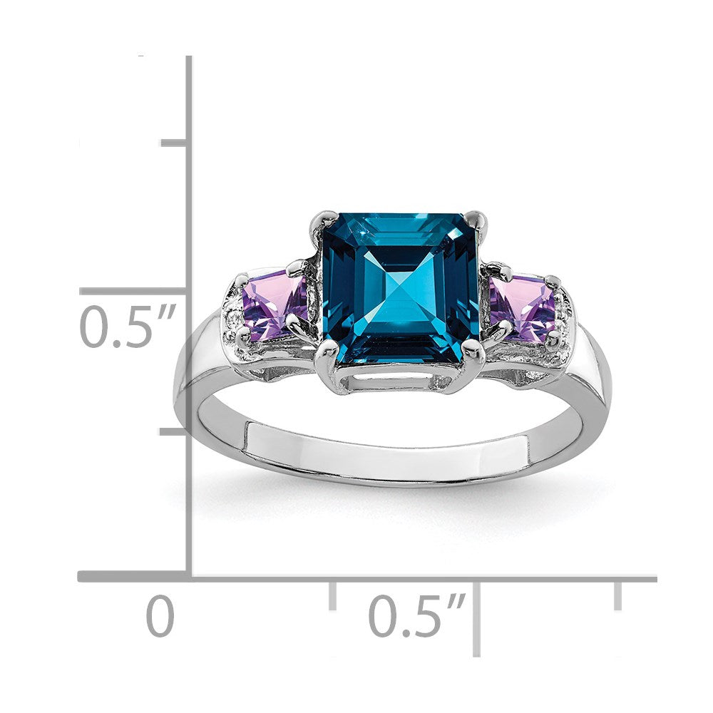 Sterling Silver Rhodium London Blue Topaz, Amethyst & Diam. Ring