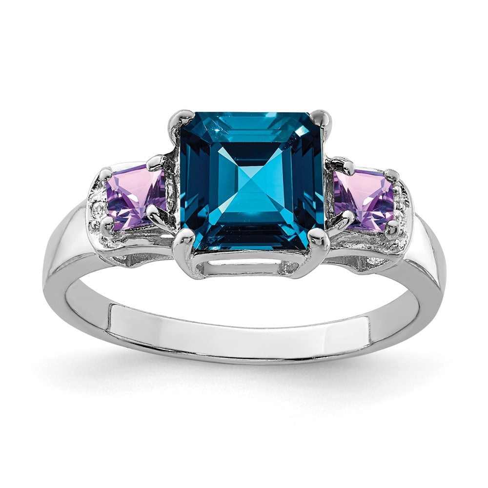 Sterling Silver Rhodium London Blue Topaz, Amethyst & Diam. Ring