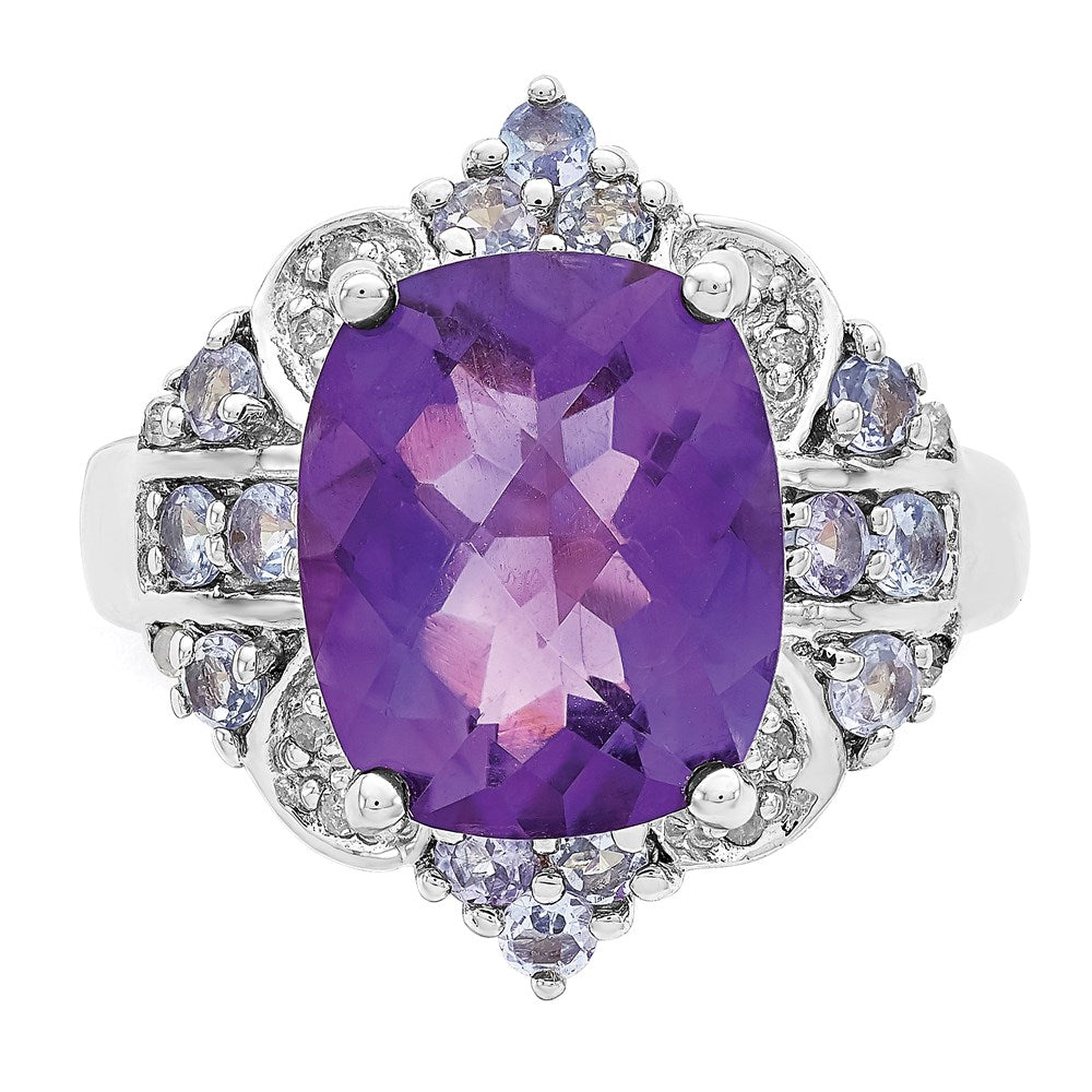 Sterling Silver Rhodium-plated Amethyst, Tanzanite & Diamond Ring