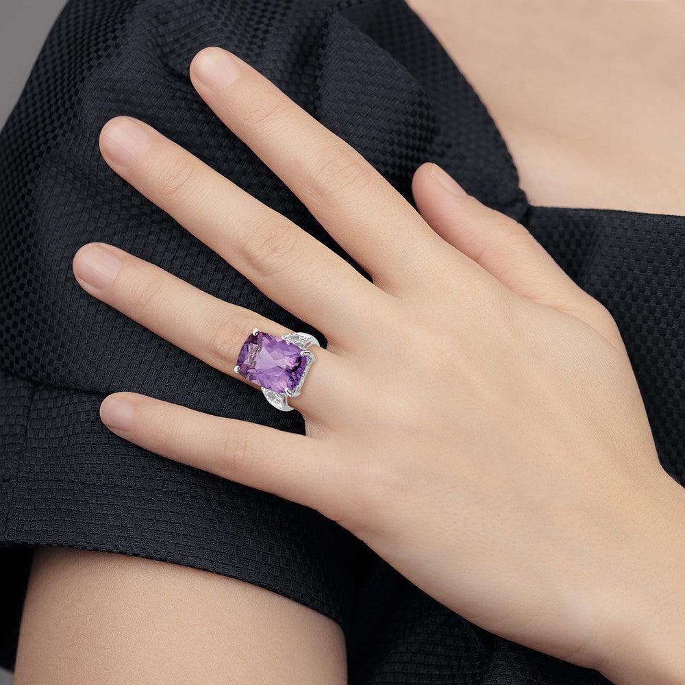 Sterling Silver Rhodium-plated Amethyst & Diamond Ring