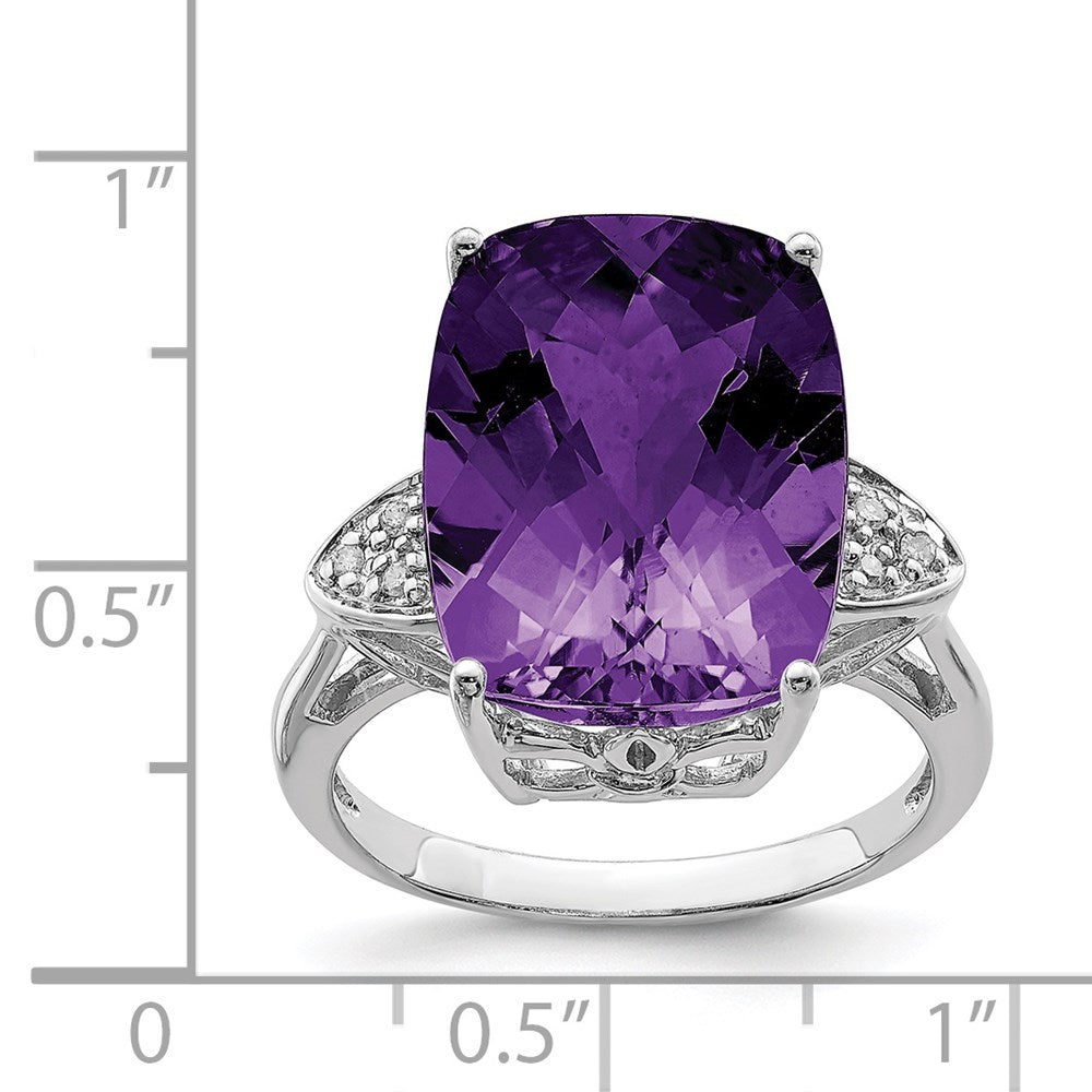 Sterling Silver Rhodium-plated Checker-Cut Amethyst & Diamond Ring