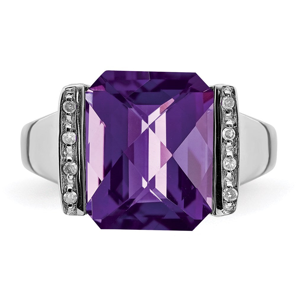 Sterling Silver Rhodium-plated Checker-Cut Amethyst & Diamond Ring