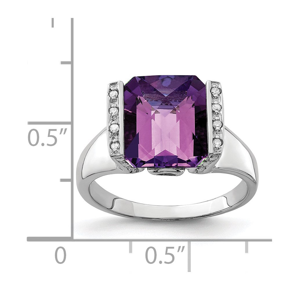 Sterling Silver Rhodium-plated Checker-Cut Amethyst & Diamond Ring