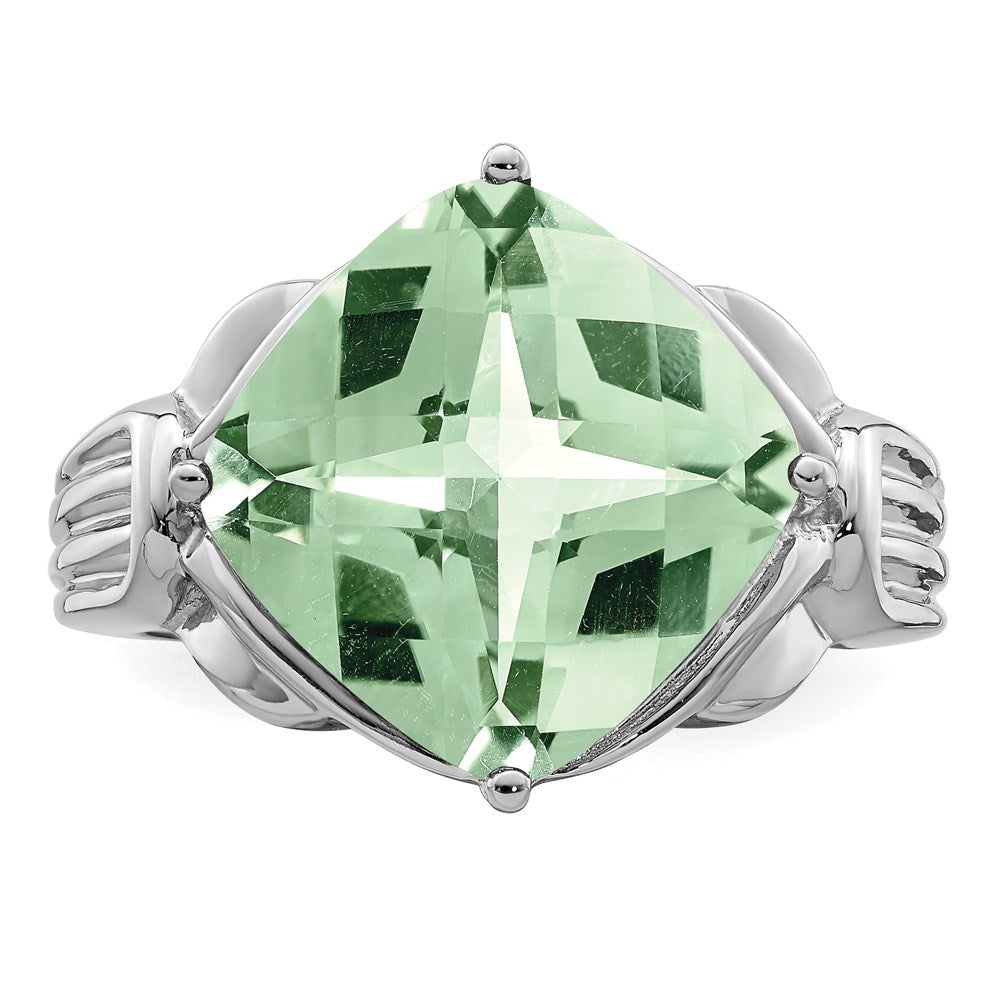 Sterling Silver Rhodium Checker-Cut Green Quartz Ring