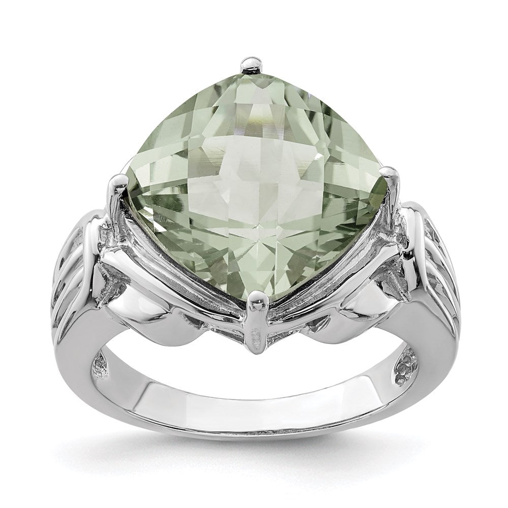 Sterling Silver Rhodium Checker-Cut Green Quartz Ring