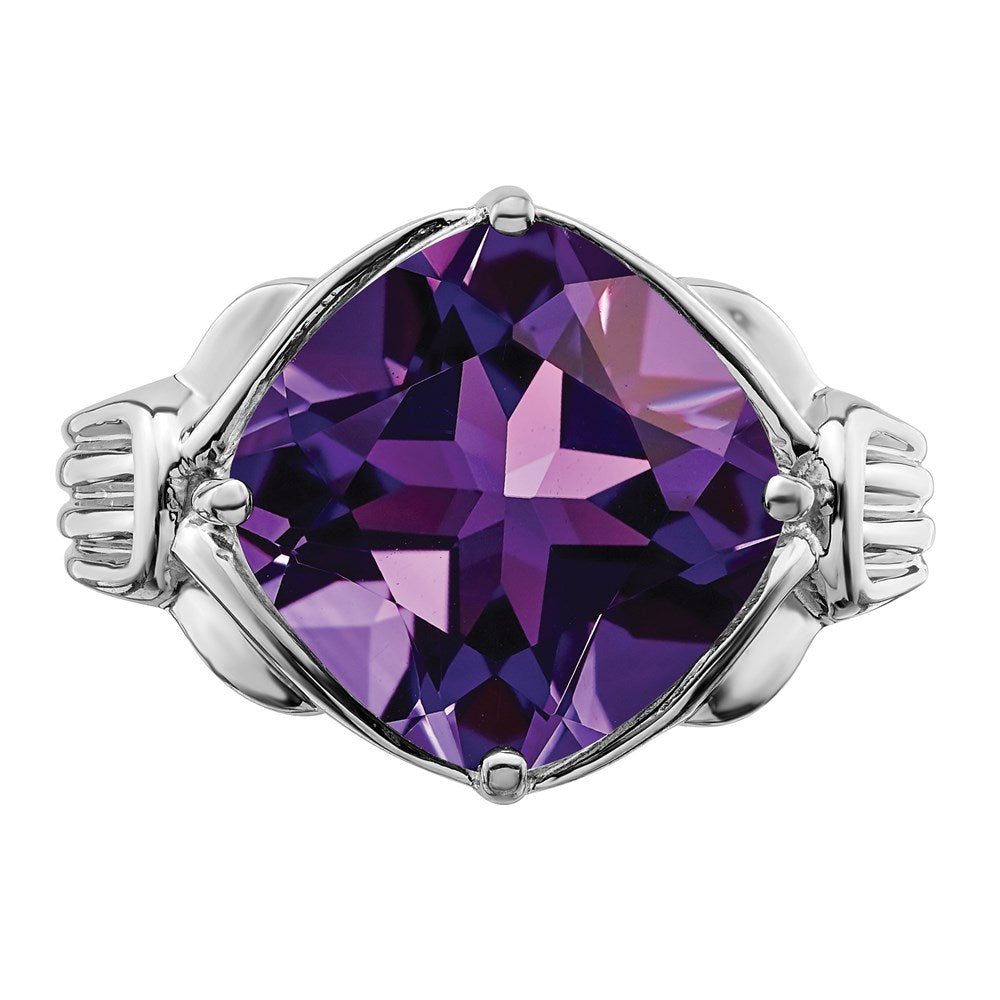 Sterling Silver Rhodium-plated Checker-Cut Amethyst Ring