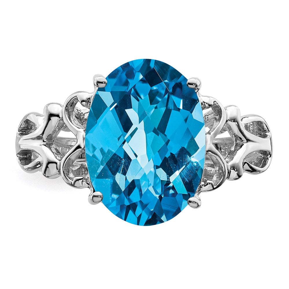 Sterling Silver Rhodium Oval Checker-Cut Blue Topaz Ring