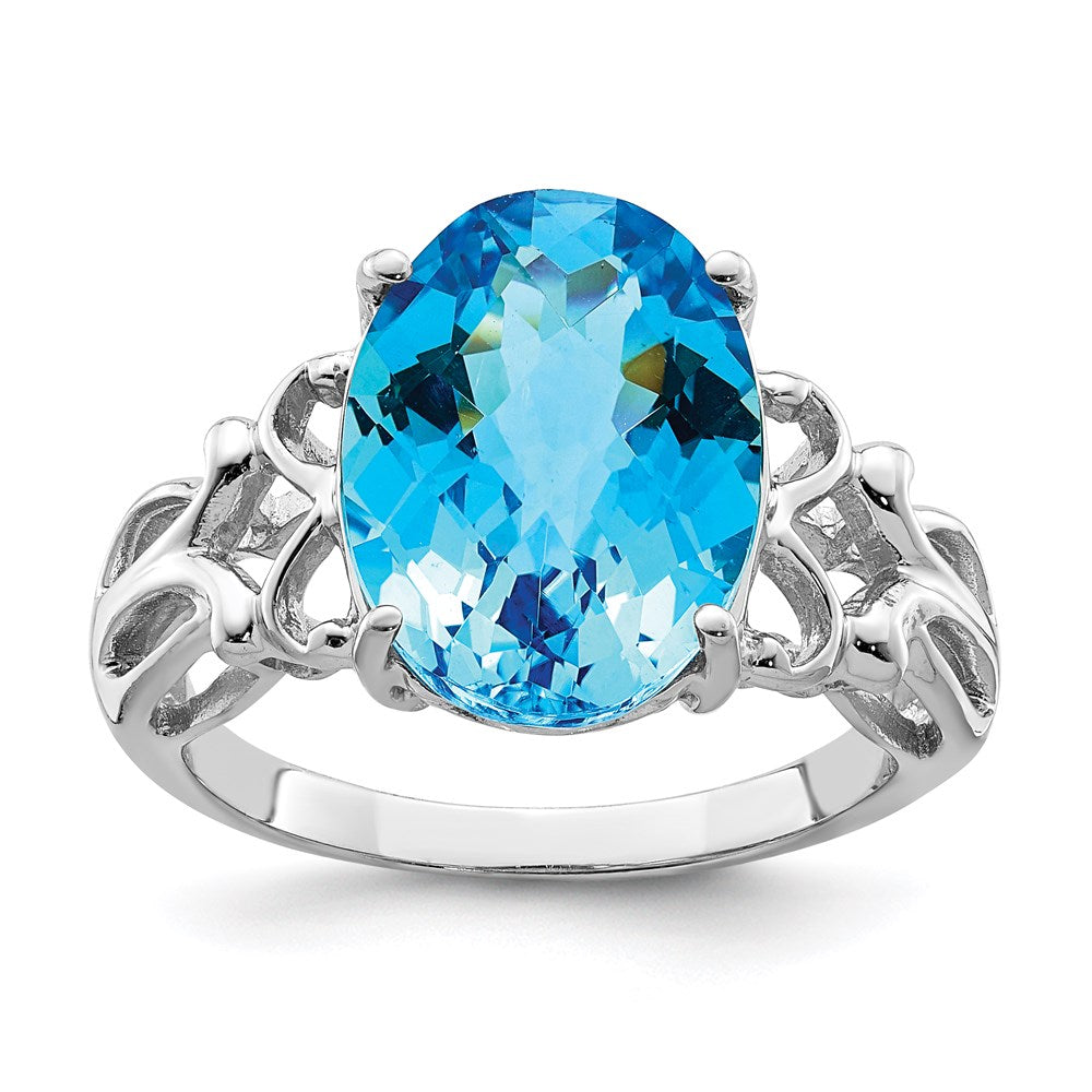 Sterling Silver Rhodium Oval Checker-Cut Blue Topaz Ring