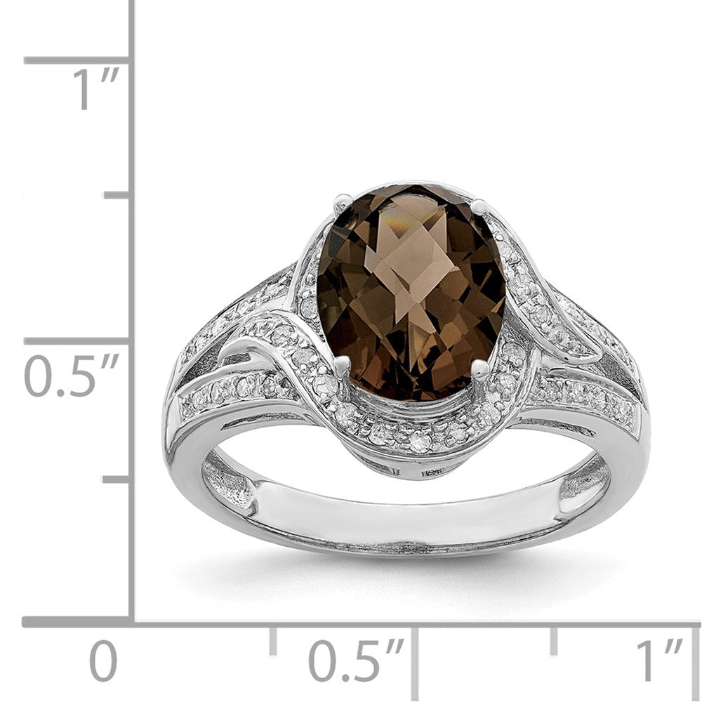 Sterling Silver Rhodium Diam. & Oval Checker-Cut Smoky Quartz Ring