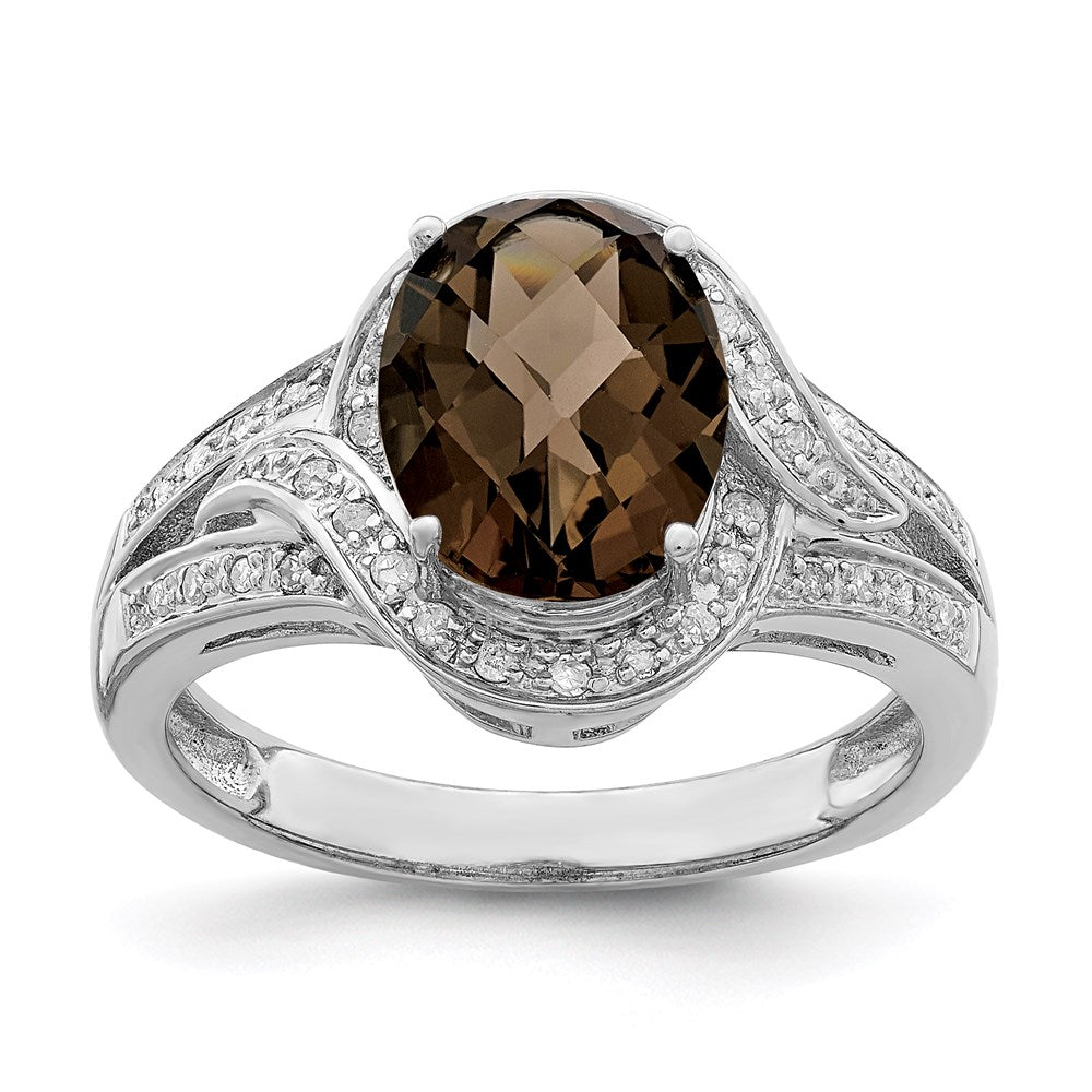 Sterling Silver Rhodium Diam. & Oval Checker-Cut Smoky Quartz Ring