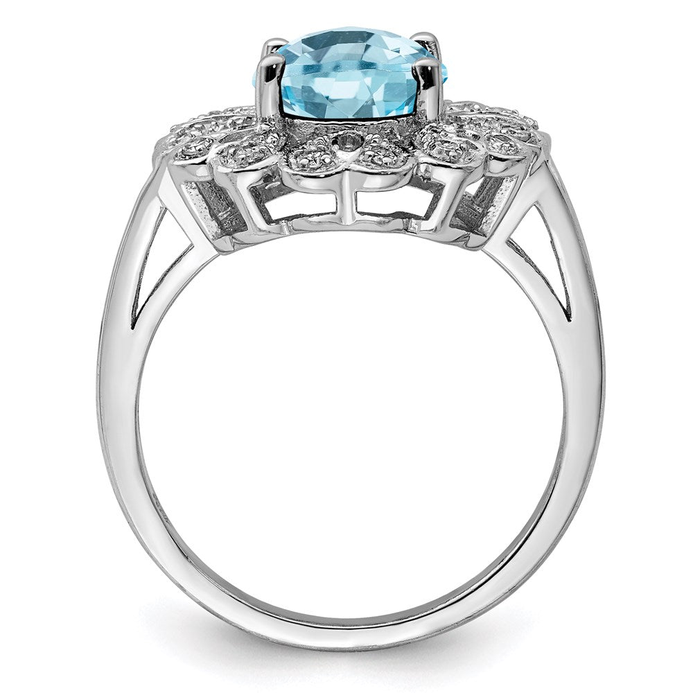 Sterling Silver Rhodium Diam. & Checker-Cut Sky Blue Topaz Ring