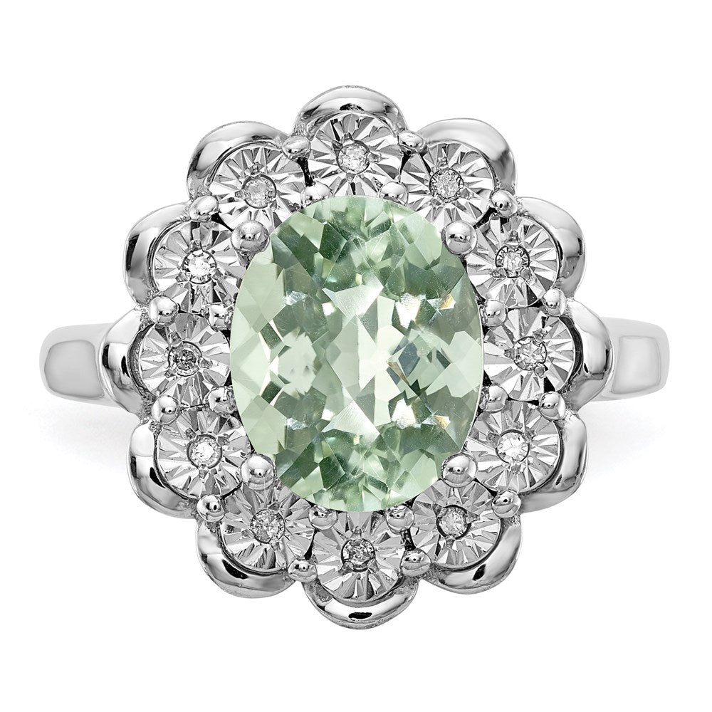 Sterling Silver Rhodium Diam. & Oval Checker-Cut Green Quartz Ring