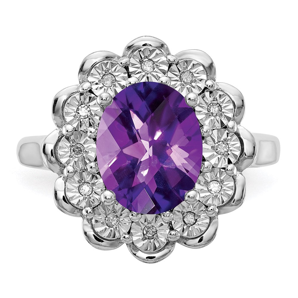 Sterling Silver Rhodium-plated Diamond & Checker-Cut Amethyst Ring