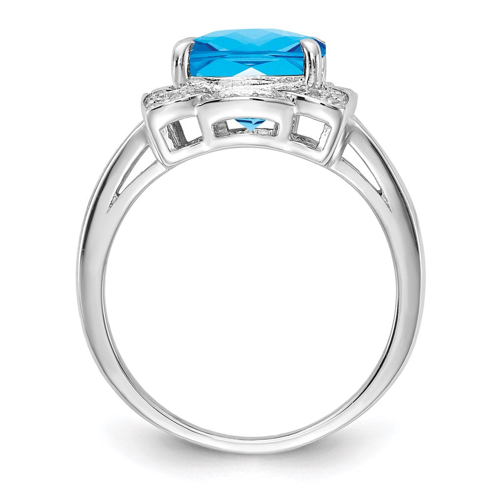 Sterling Silver Rhodium Diam. & Checker-Cut Blue Topaz Ring