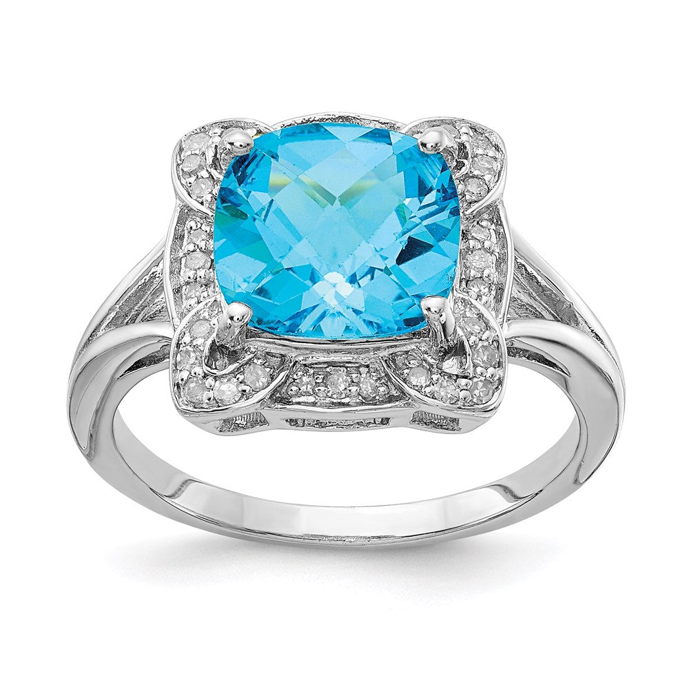 Sterling Silver Rhodium Diam. & Checker-Cut Blue Topaz Ring