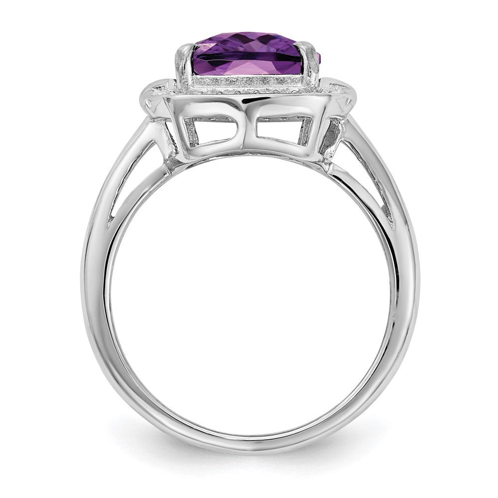 Sterling Silver Rhodium-plated Diamond & Checker-Cut Amethyst Ring