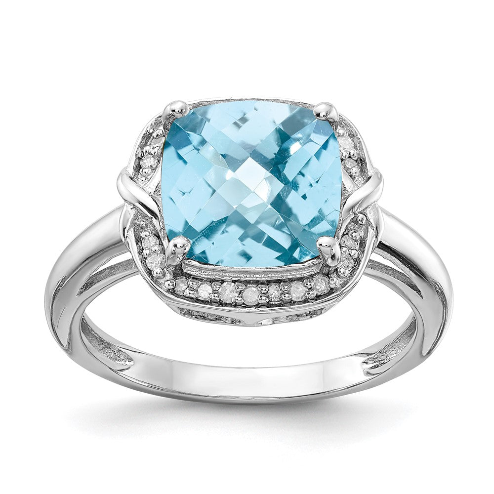 Sterling Silver Rhodium Diam. & Checker-Cut Sky Blue Topaz Ring