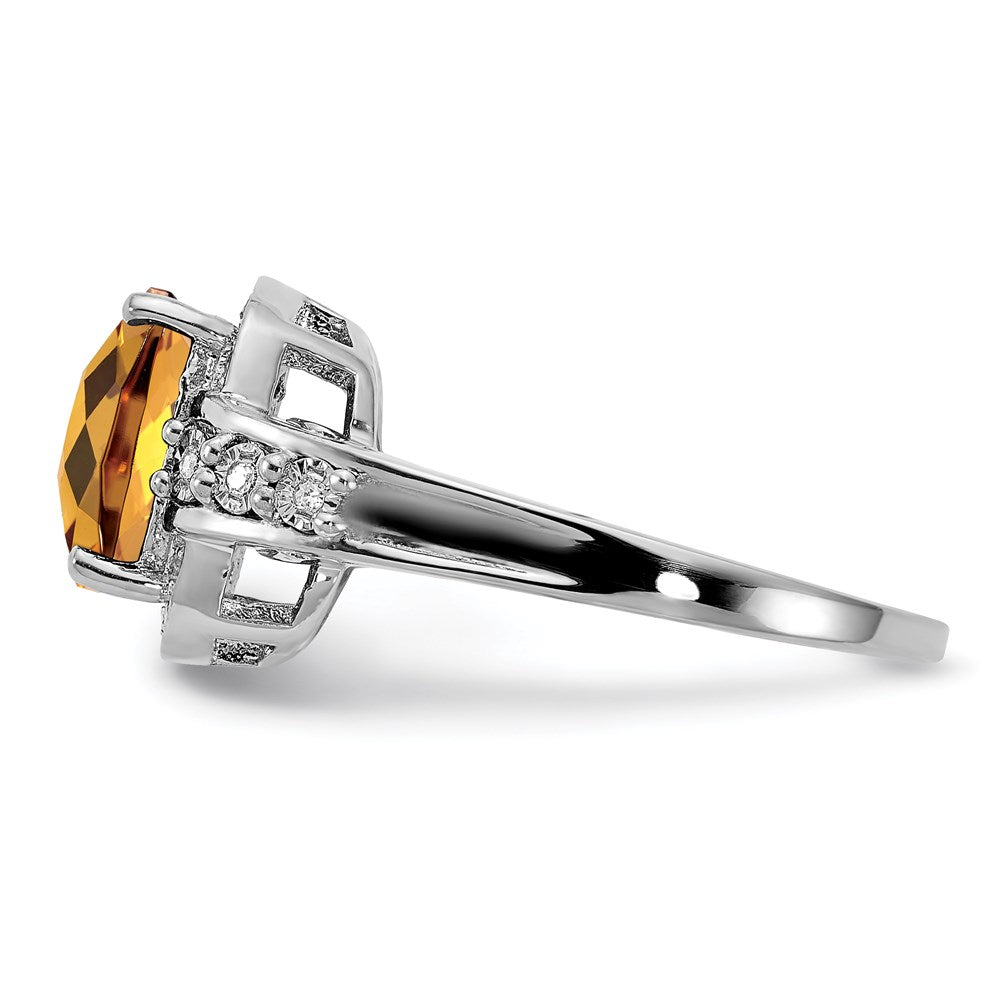 Sterling Silver Rhodium Diam. & Checker-Cut Whiskey Quartz Ring