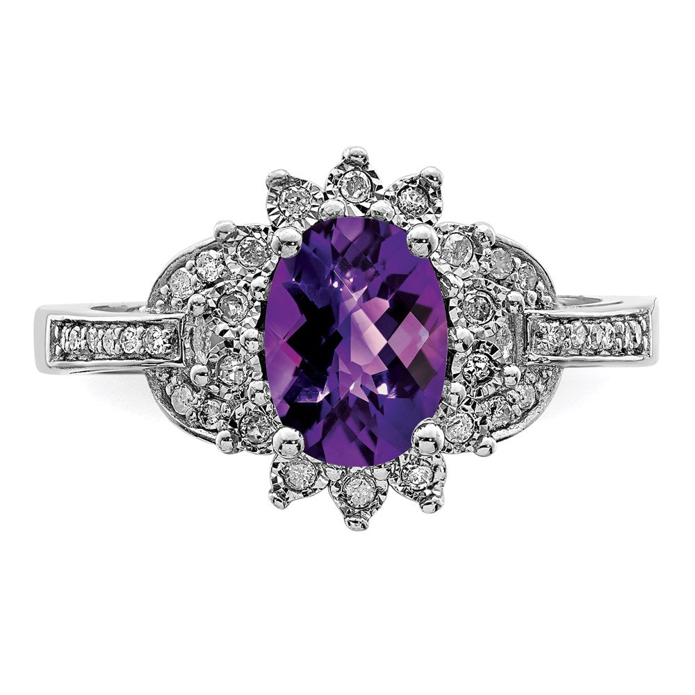 Sterling Silver Rhodium-plated Diam & Oval Checker-Cut Amethyst Ring