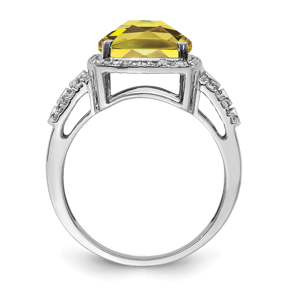 Sterling Silver Rhodium Diam. & Checker-Cut Lemon Quartz Ring