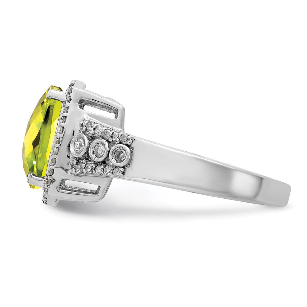 Sterling Silver Rhodium Diam. & Checker-Cut Lemon Quartz Ring