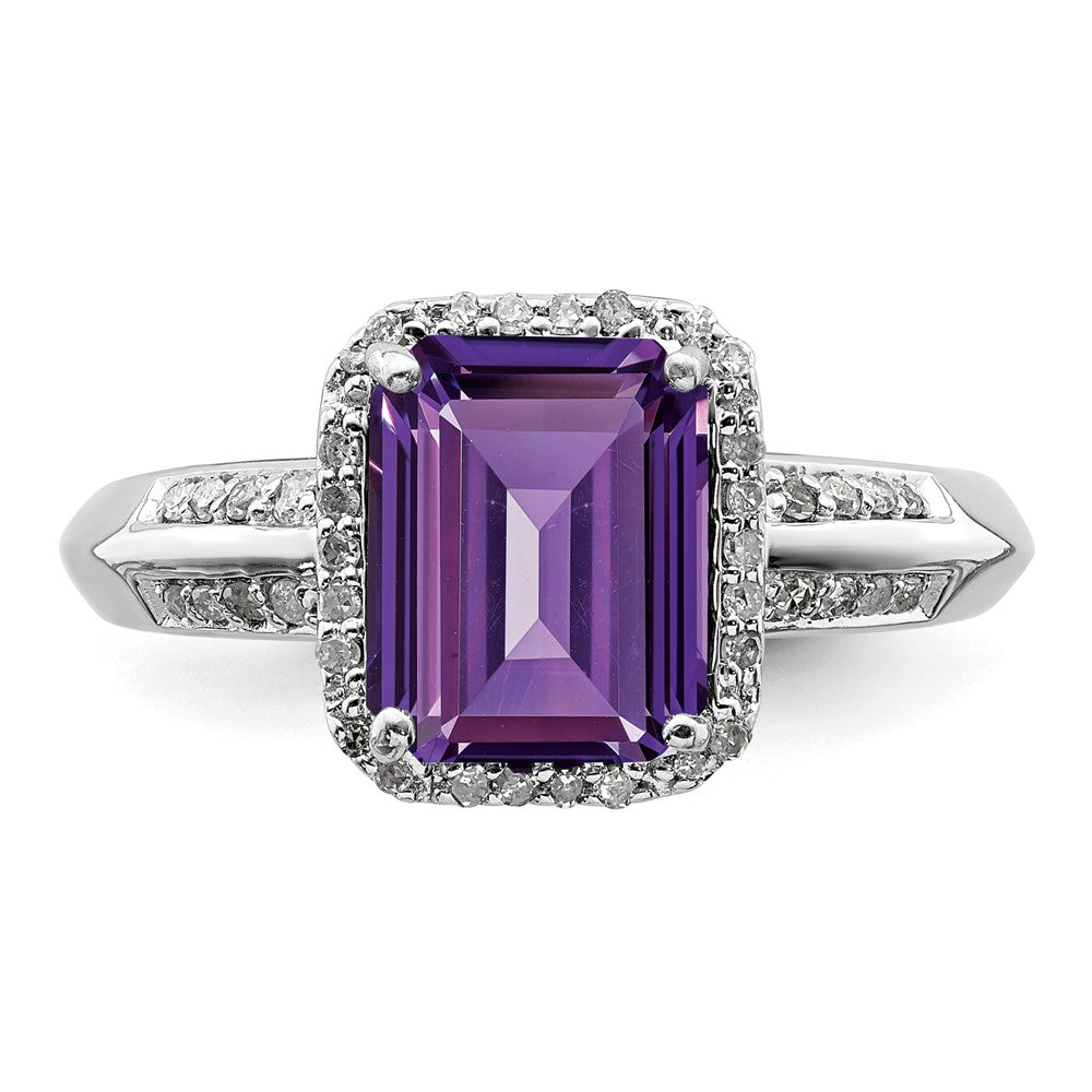 Sterling Silver Rhodium-plated Octagonal Amethyst & Diamond Ring