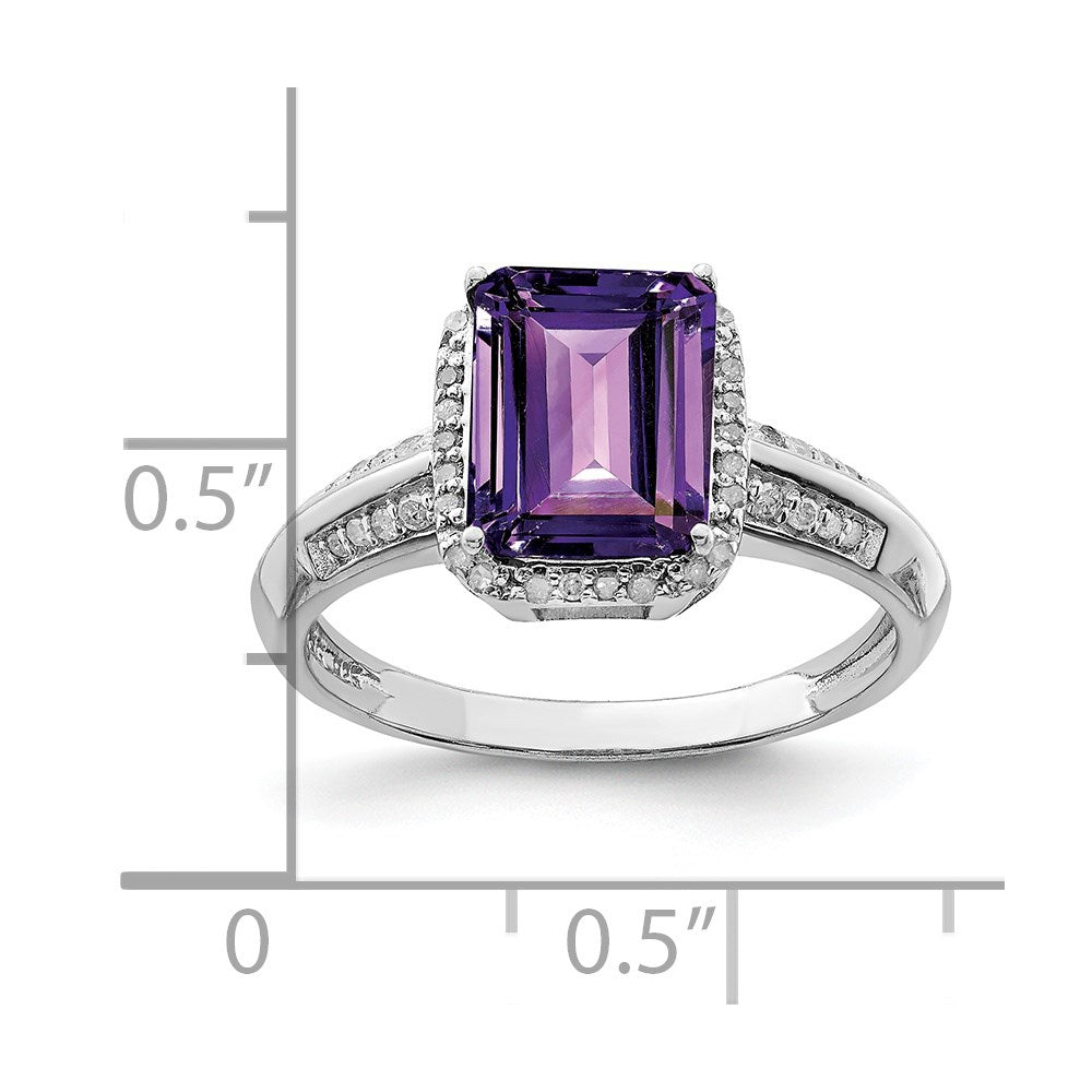 Sterling Silver Rhodium-plated Octagonal Amethyst & Diamond Ring