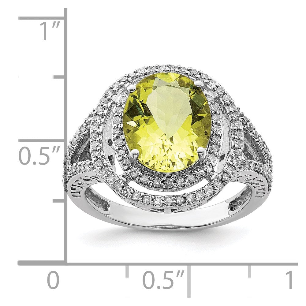 Sterling Silver Rhodium Diam. & Lemon Quartz Ring