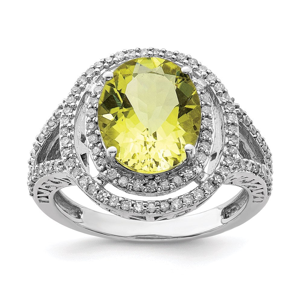 Sterling Silver Rhodium Diam. & Lemon Quartz Ring