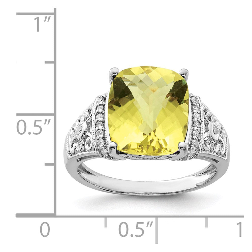 Sterling Silver Rhodium Diam. & Checker-Cut Lemon Quartz Ring