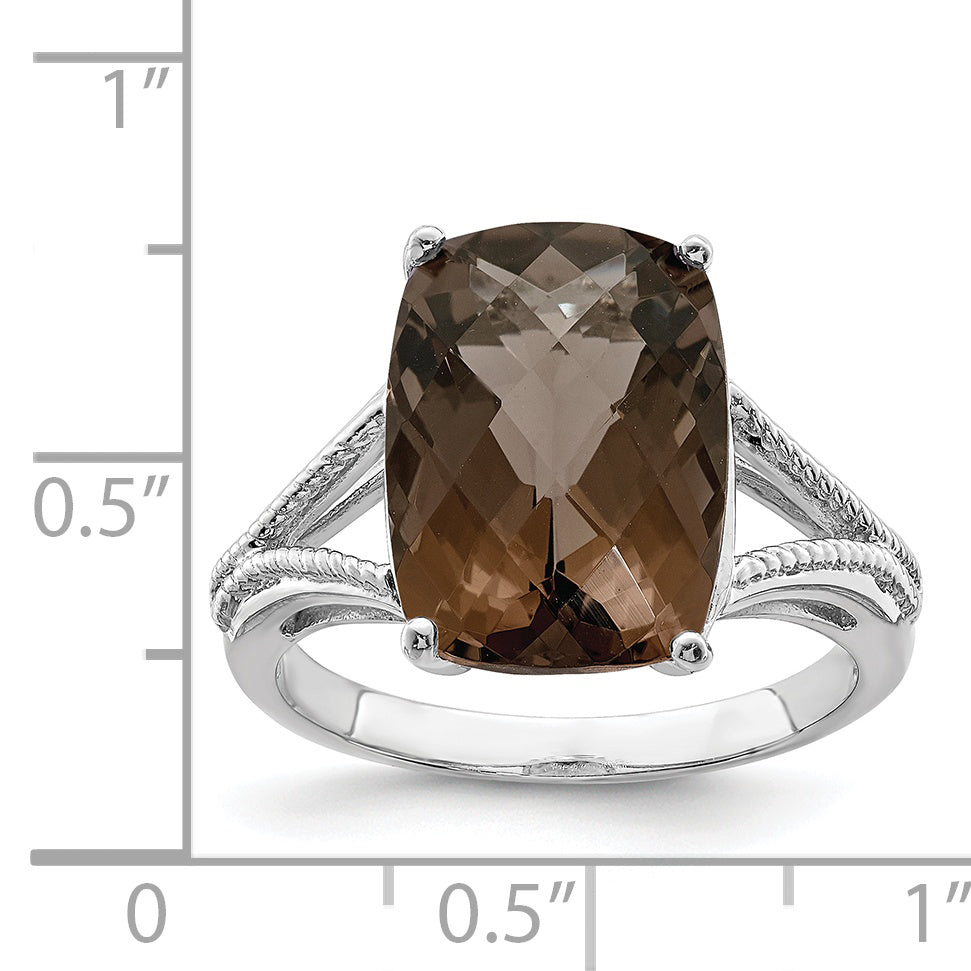 Sterling Silver Rhodium Checker-Cut Smoky Quartz Ring