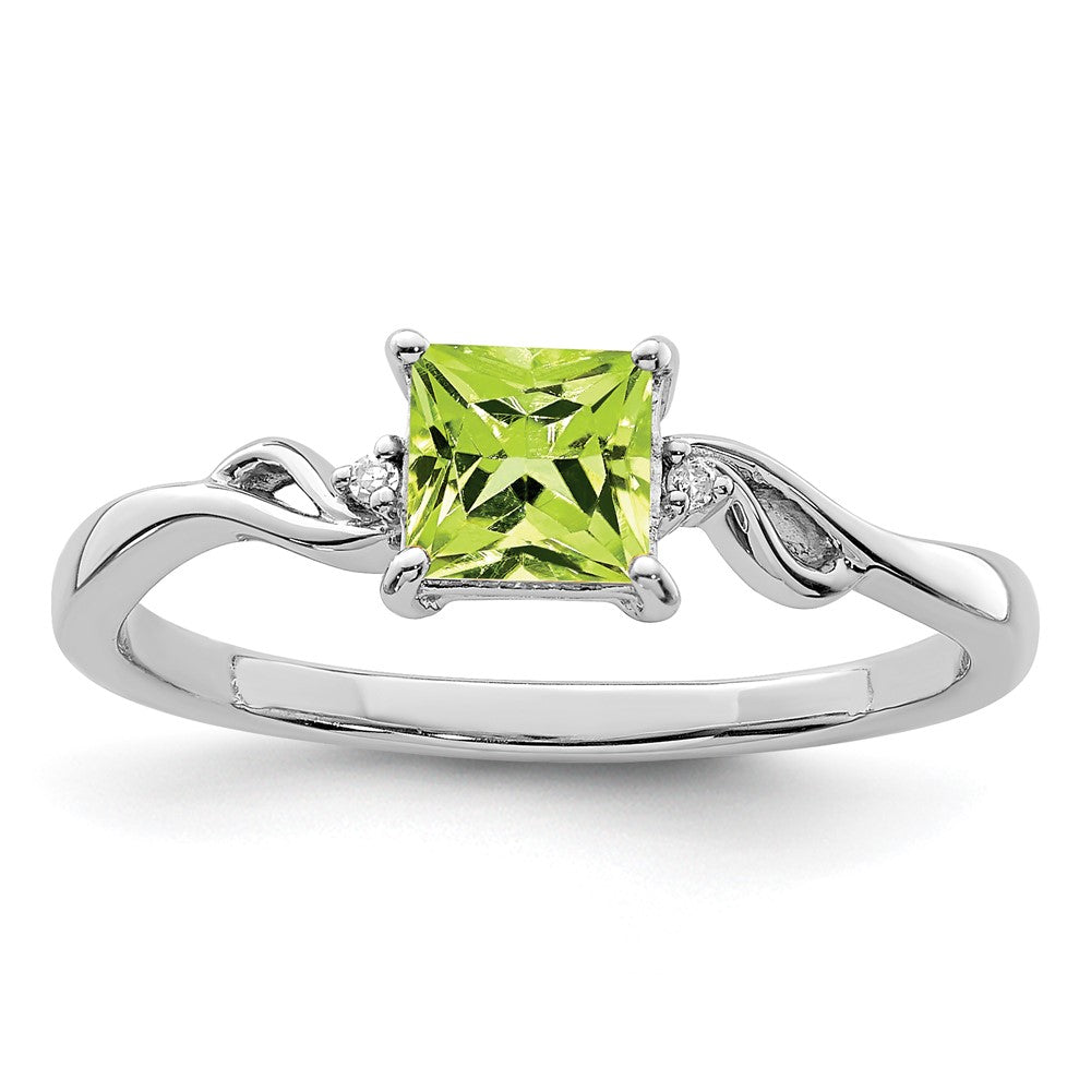 Sterling Silver Rhodium Plated Diamond & Peridot Square Ring