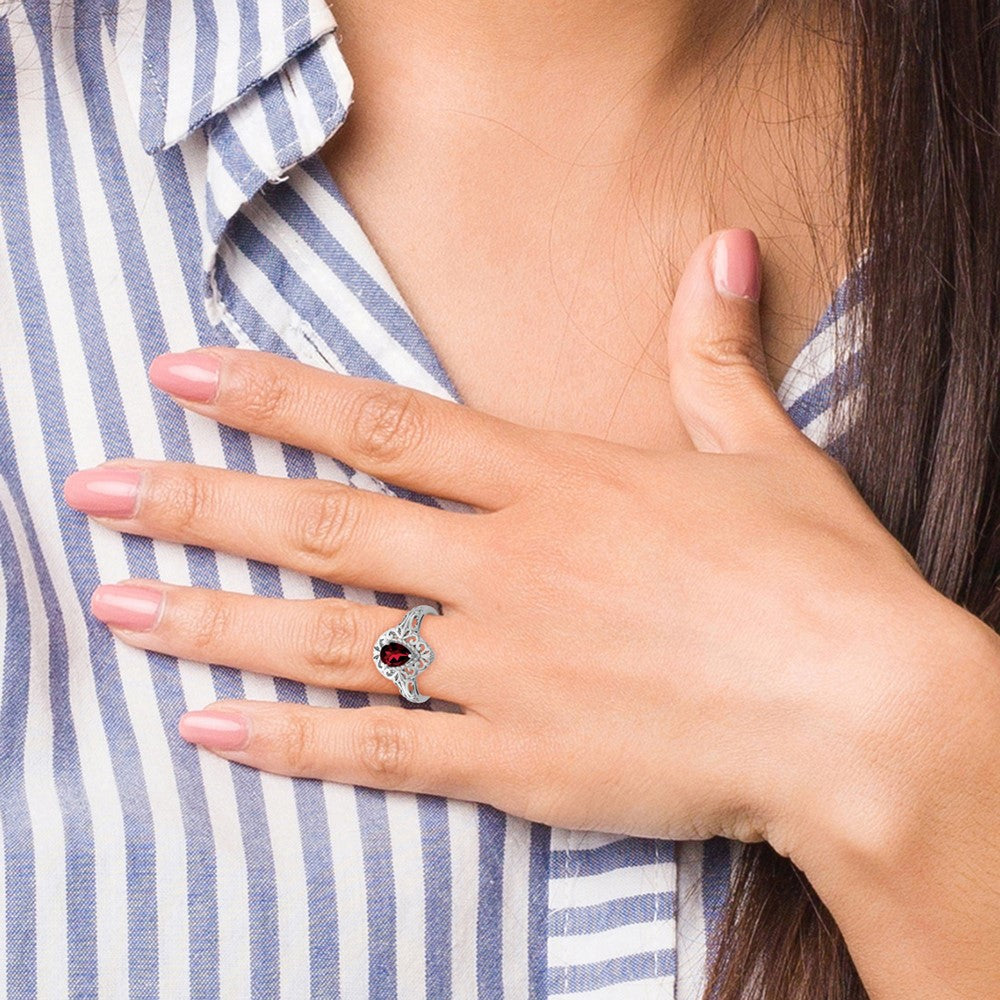 Sterling Silver Rhodium Plated Garnet Teardrop Ring