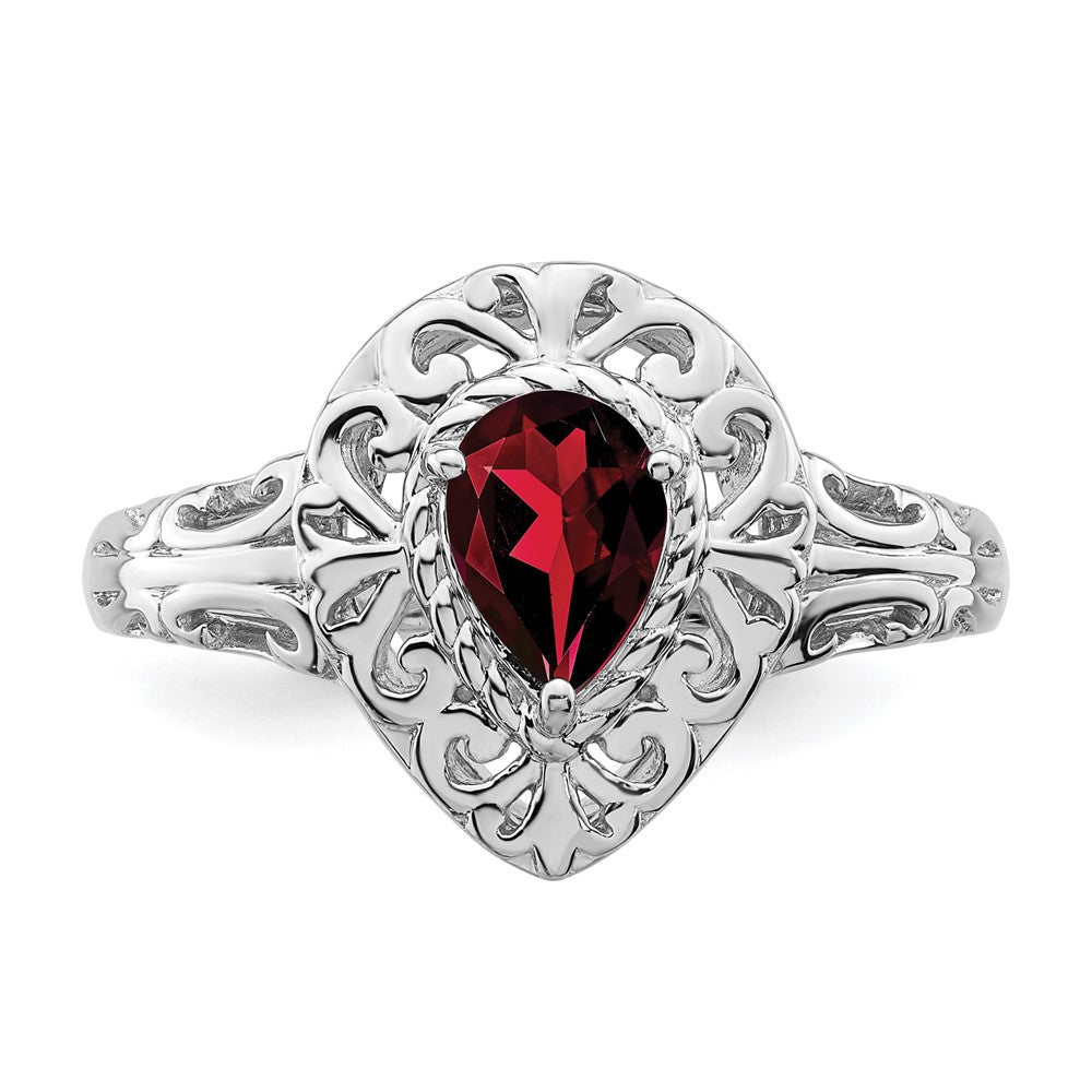 Sterling Silver Rhodium Plated Garnet Teardrop Ring