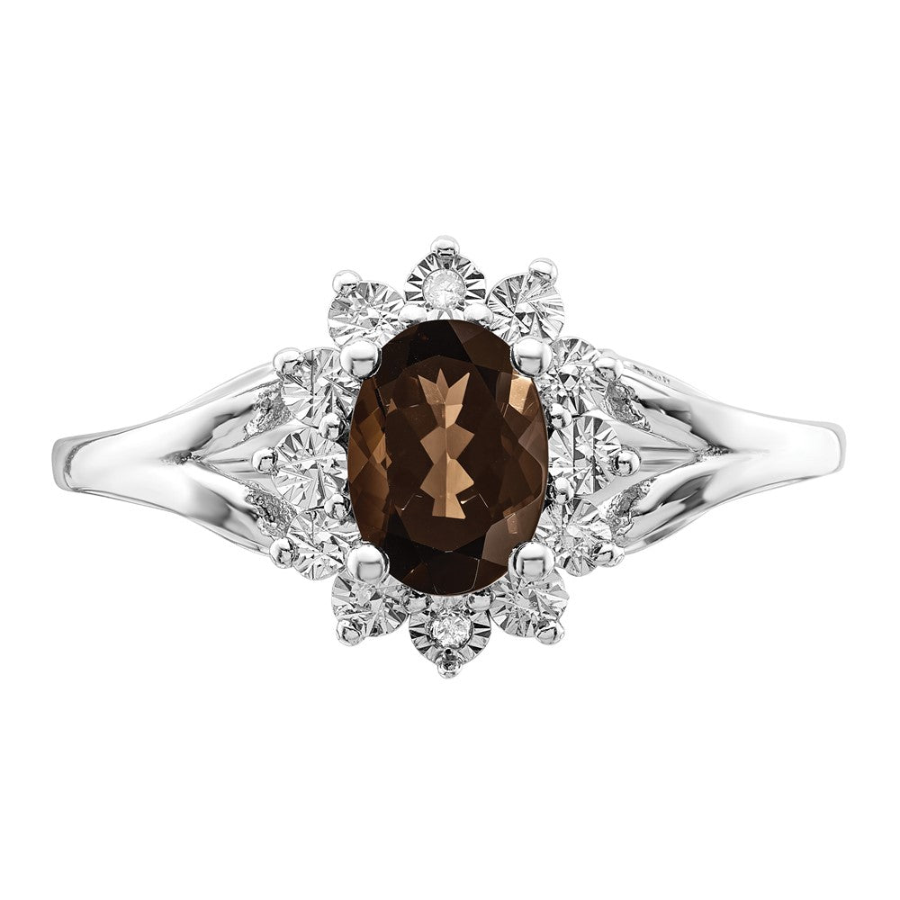 Sterling Silver Rhodium Diam. & Smoky Quartz Ring