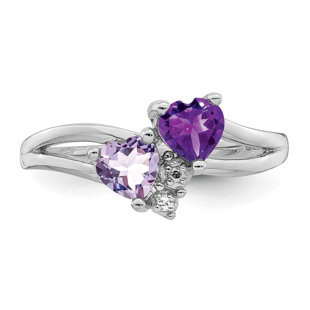 Sterling Silver Rhodium-plated Amethyst & Pink Quartz & Diamond Ring