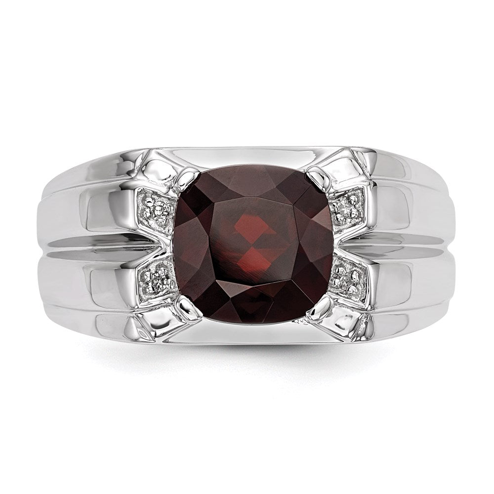 White Night Sterling Silver Rhodium-plated Garnet and Diamond Square Men's Ring