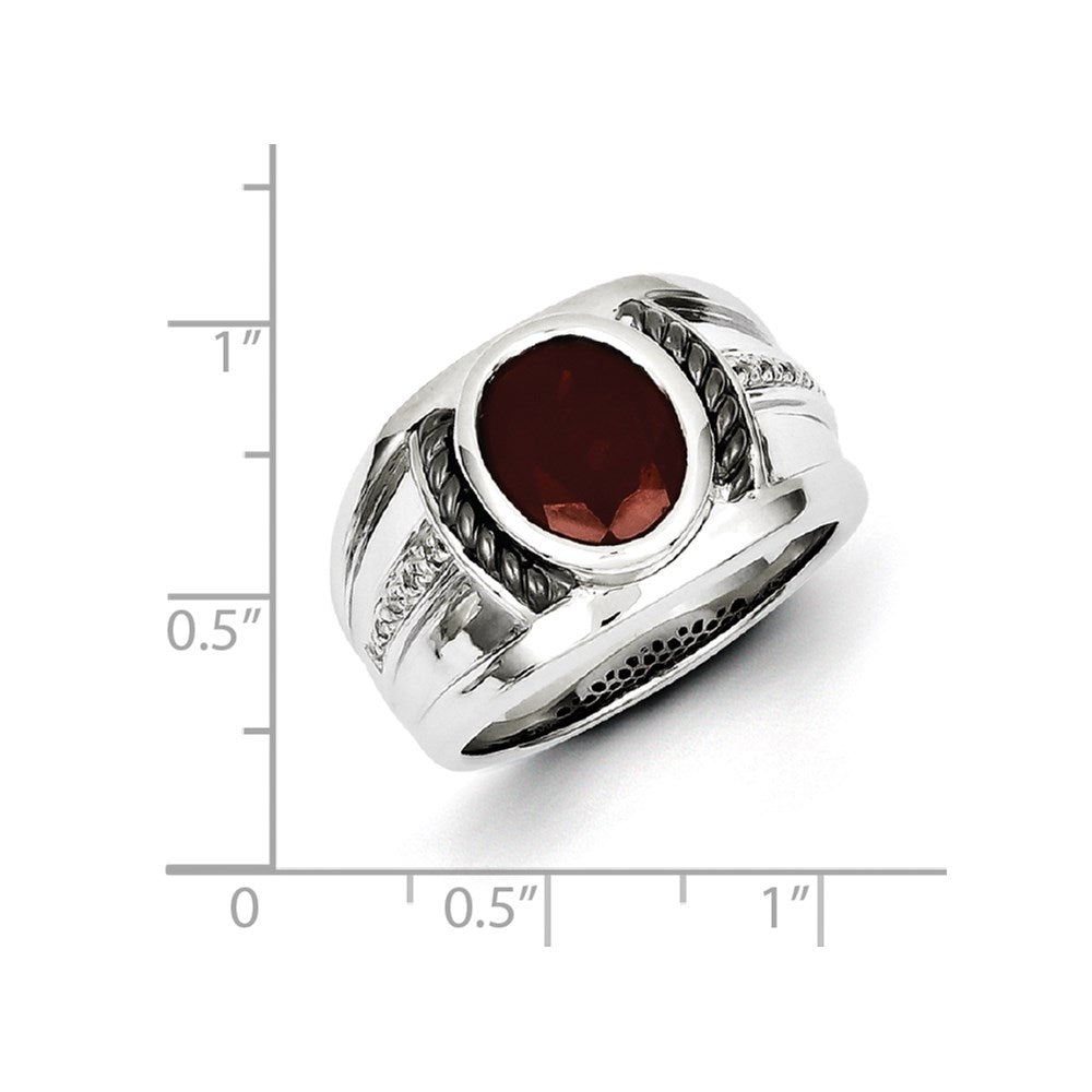 White Night Sterling Silver Black Rhodium-plated Garnet and Diamond Oval Men's Ring