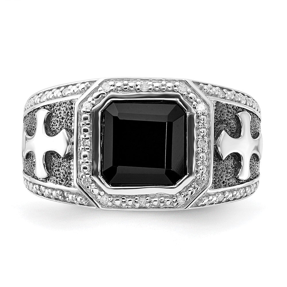 White Night Sterling Silver Black Rhodium-plated Diamond and Onyx Cross Men's Ring