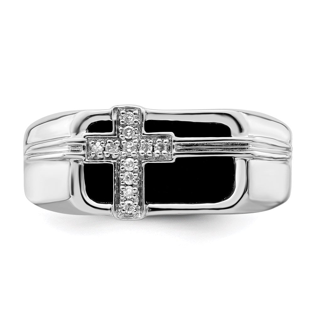 White Night Sterling Silver Rhodium-plated Diamond and Black Onyx Cross Men's Ring