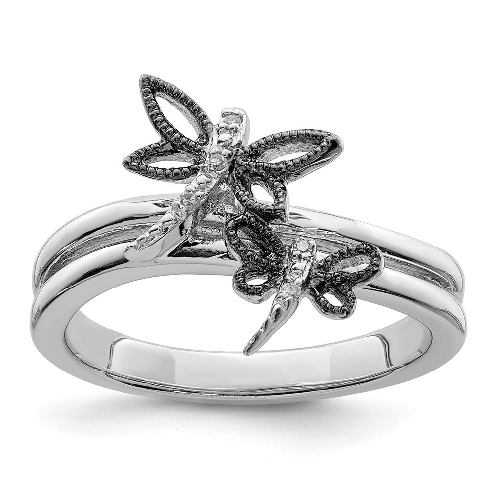 Sterling Silver Diamond Rhodium-plated Dragonfly Ring