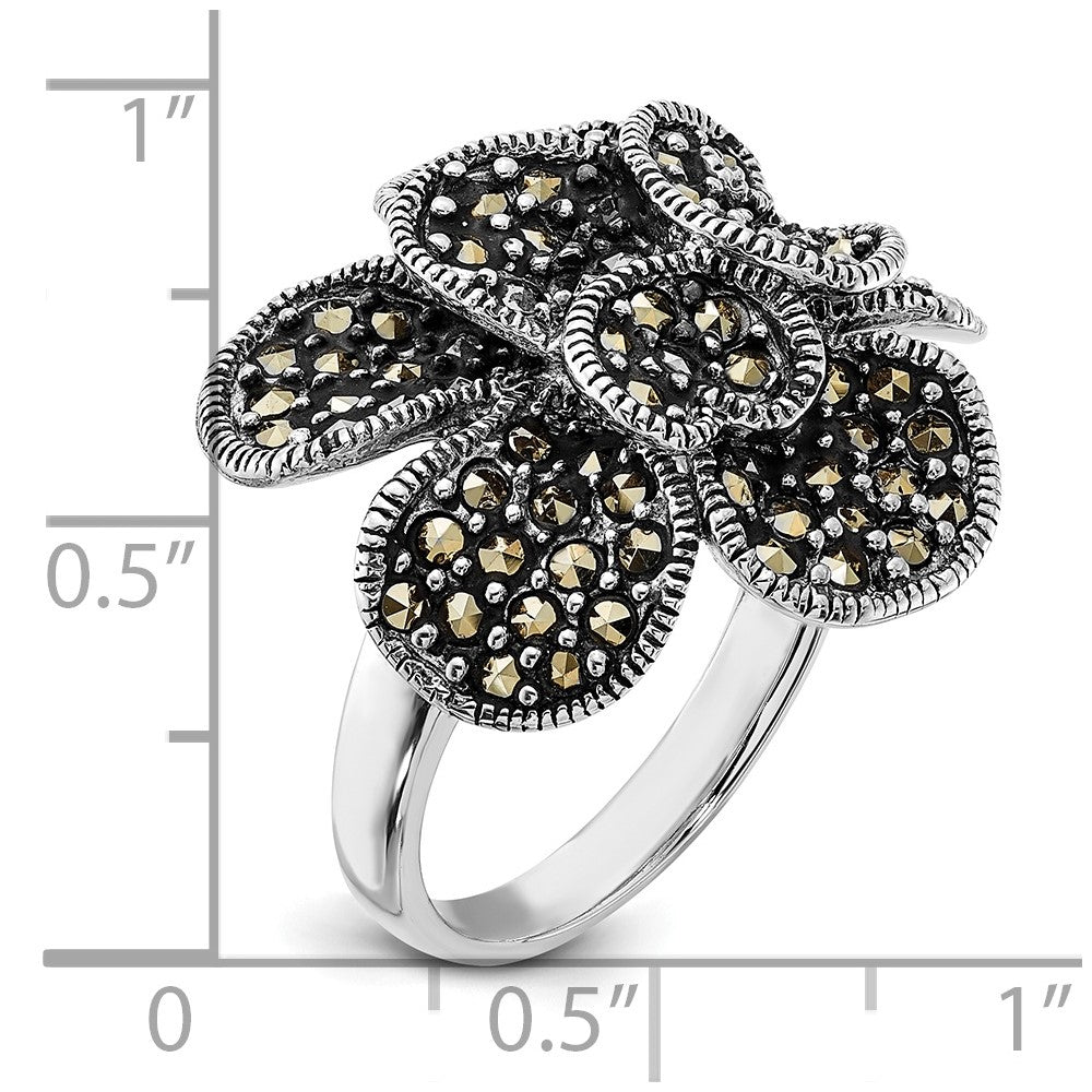 Sterling Silver Polished & Antiqued Marcasite Flower Ring